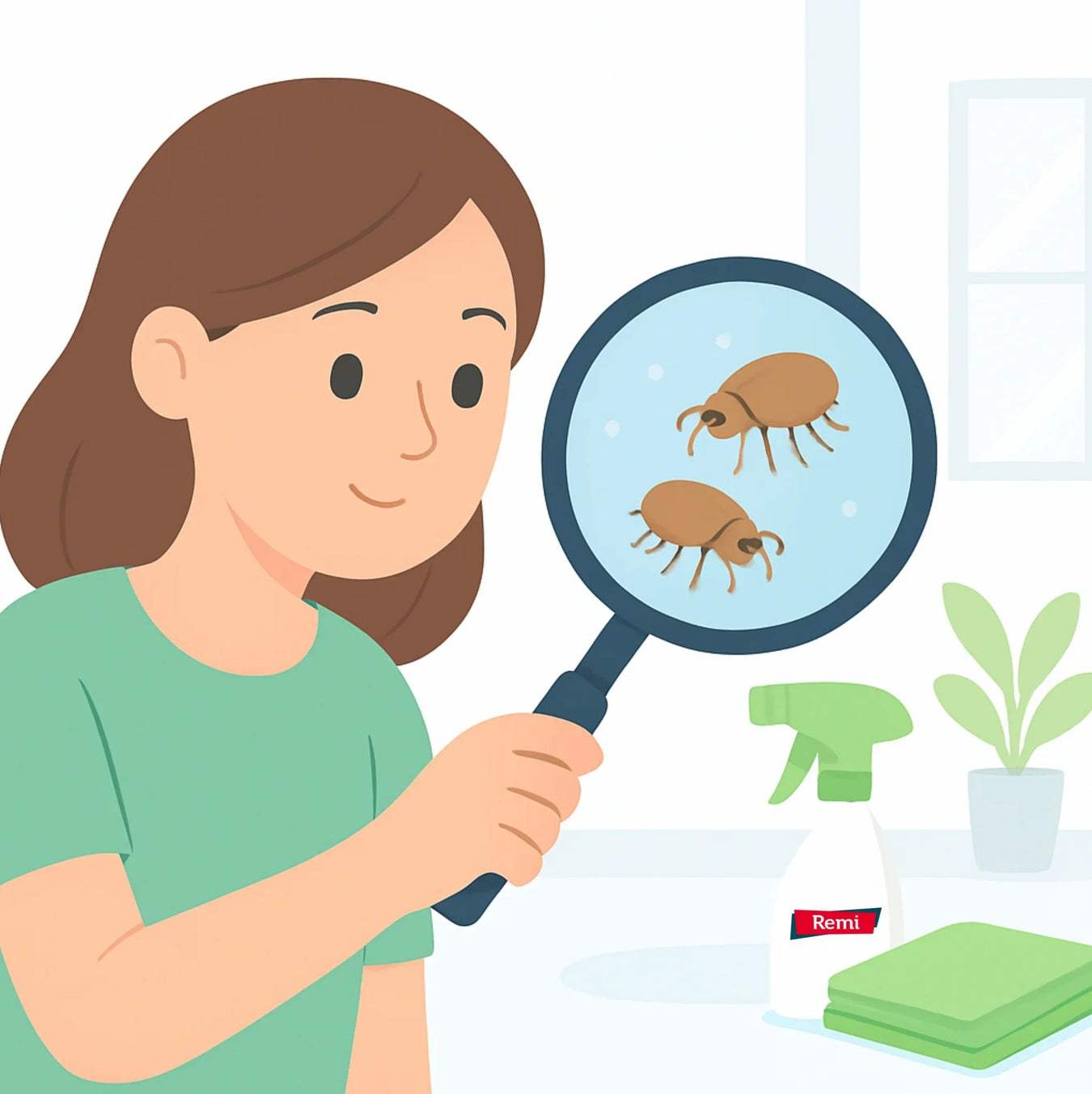 mujer mirando pulga de cerca