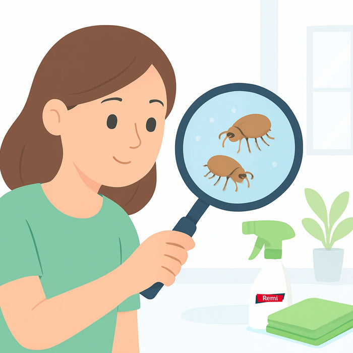 mujer mirando pulga de cerca