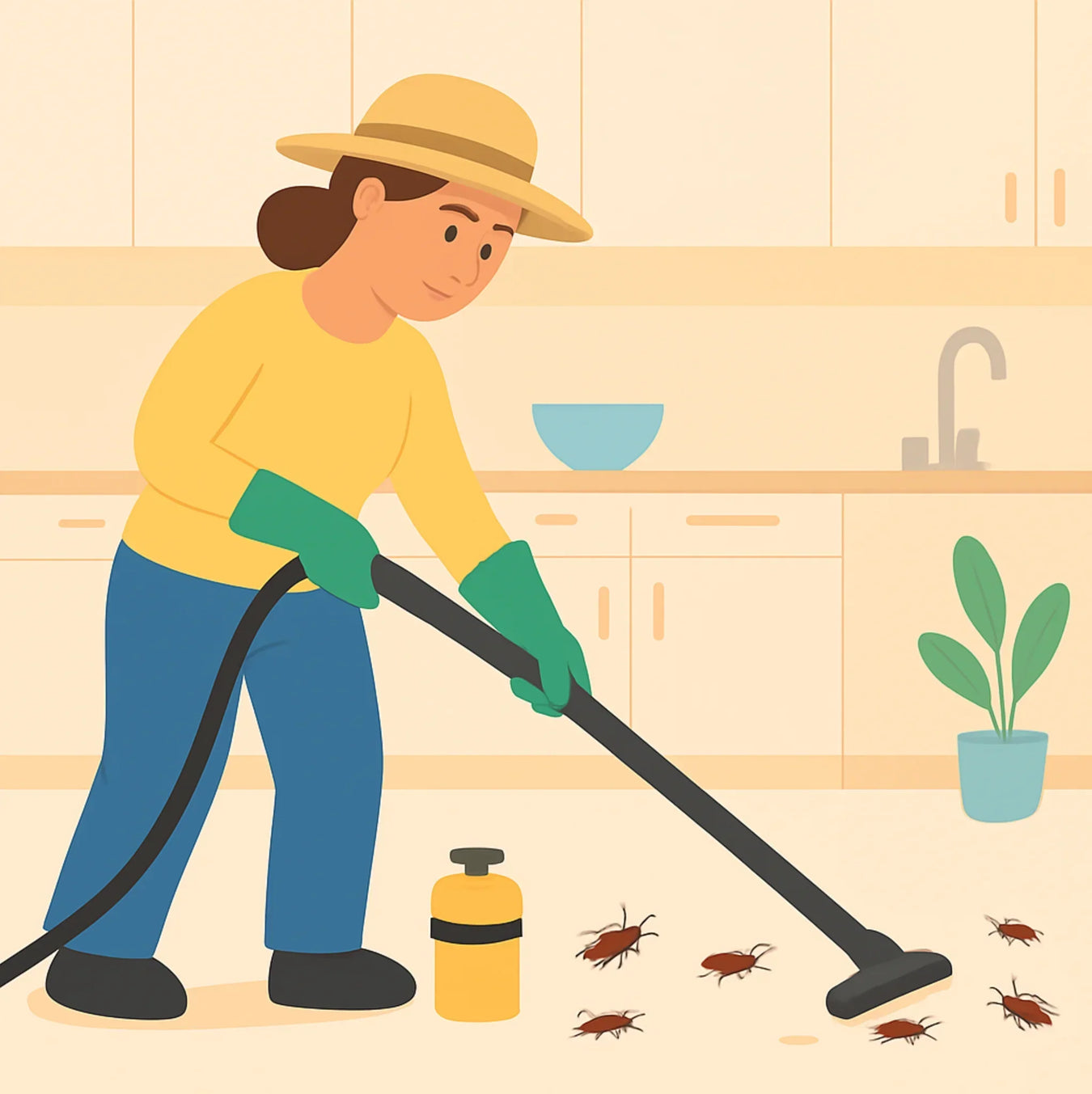 persona eliminando cucarachas de una cocina