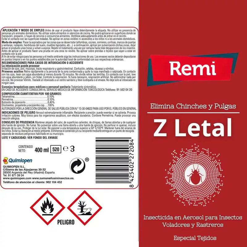 Spray Insecticida para Chinches y Pulgas especial tejidos 400 ml - Remi Hogar