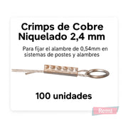 Crimps de cobre niquelado 2,4 mm para fijación de alambre en sistemas antiaves, pack de 100 unidades.