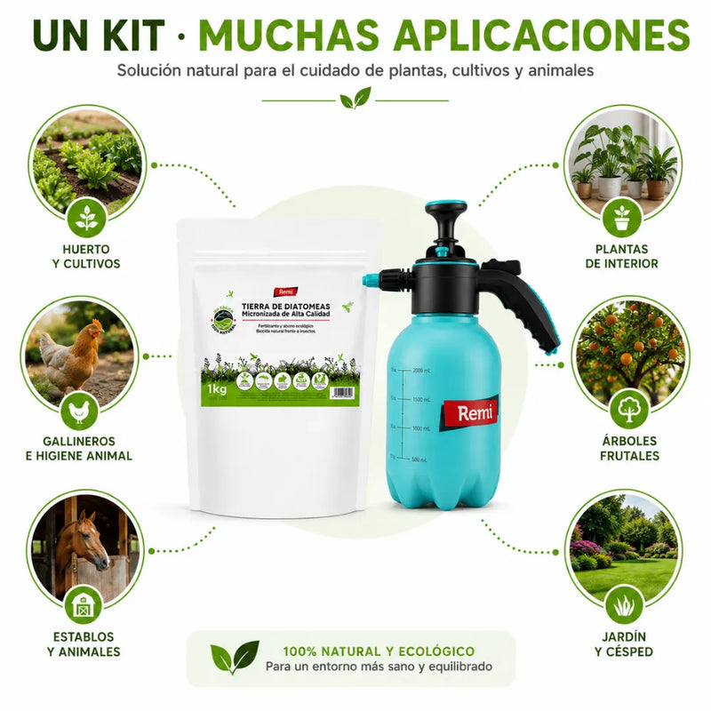 Kit Tierra de Diatomeas 1 kg de alta pureza y Pulverizador 2 L insecticida