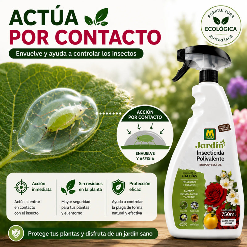Insecticida ecológico listo para usar con acción preventiva y curativa contra Pulgones, Mosca Blanca, Ácaros y Araña Roja