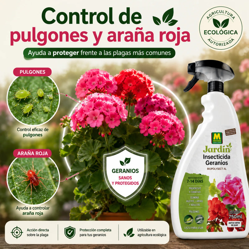 Tratamiento listo para usar en geranios con acción preventiva y curativa contra Pulgones, Araña Roja y Cochinillas