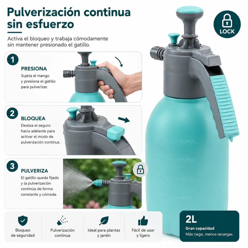 Pulverizador manual de 2 litros para jardín, huerto y limpieza