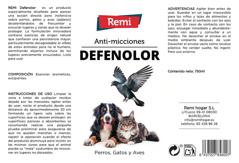 Defenolor - Spray Anti Micciones para Perros, Gatos y Palomas 750 ml - Remi Hogar