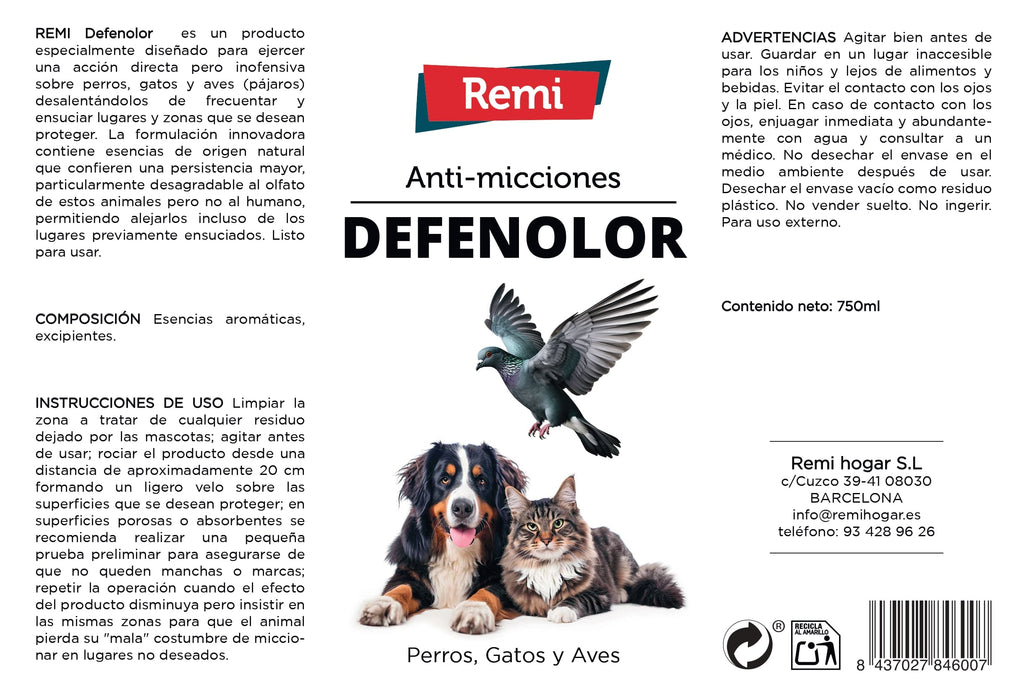 Defenolor - Spray Anti Micciones para Perros, Gatos y Palomas 750 ml