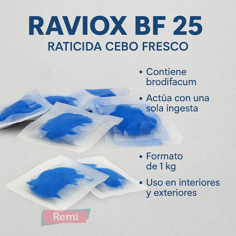 Raticida Raviox BF 25 en pasta - Bolsitas de cebo fresco azul con Brodifacoum 1kg