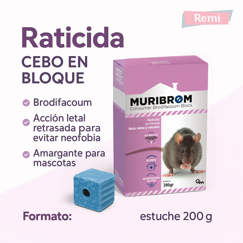 Raticida Cebo en Bloque 200 gr Brodifacoum - Quimunsa - Remi Hogar