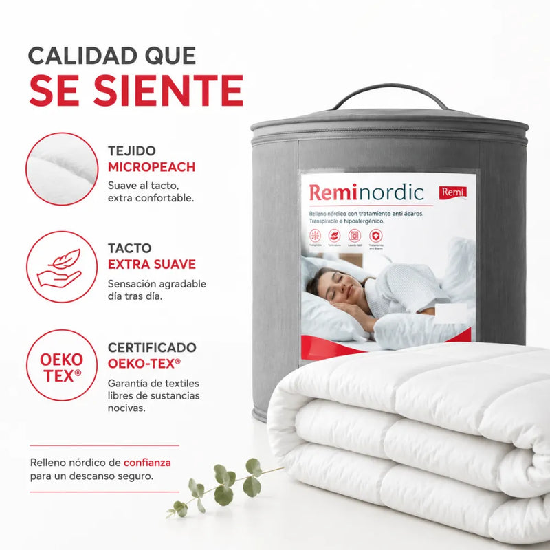 Relleno Nórdico Antiácaros y Antibacteriano RemiNordic Fibra Siliconada 300 g/m² Transpirable, Lavable y Certificado OEKO-TEX