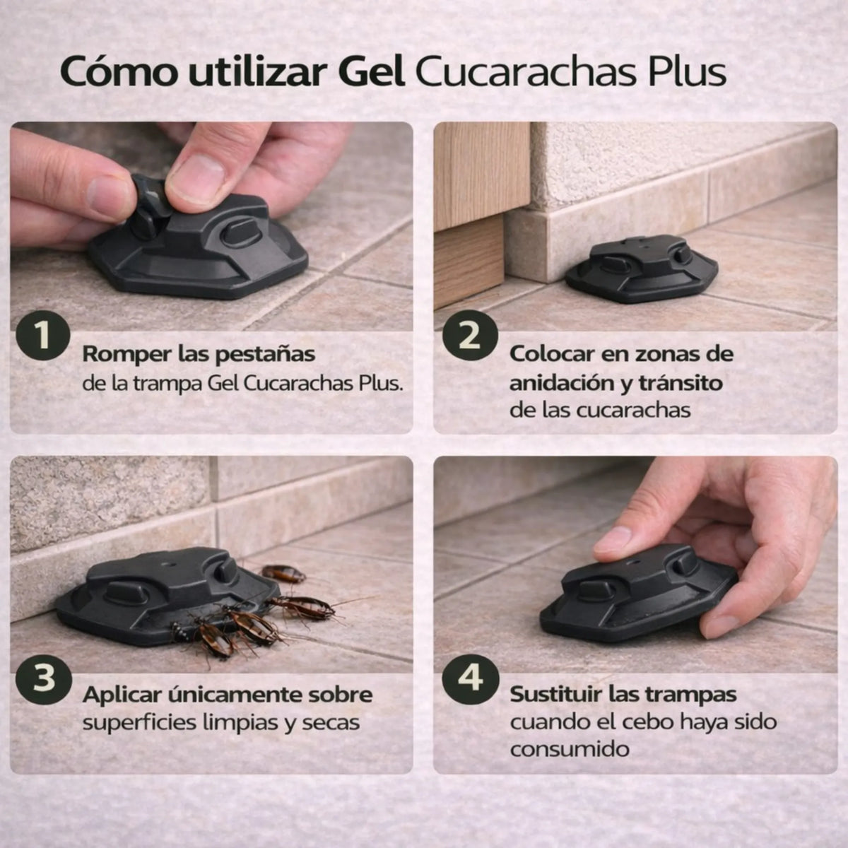 Trampas con cebo en gel para eliminar cucarachas en interiores y exteriores