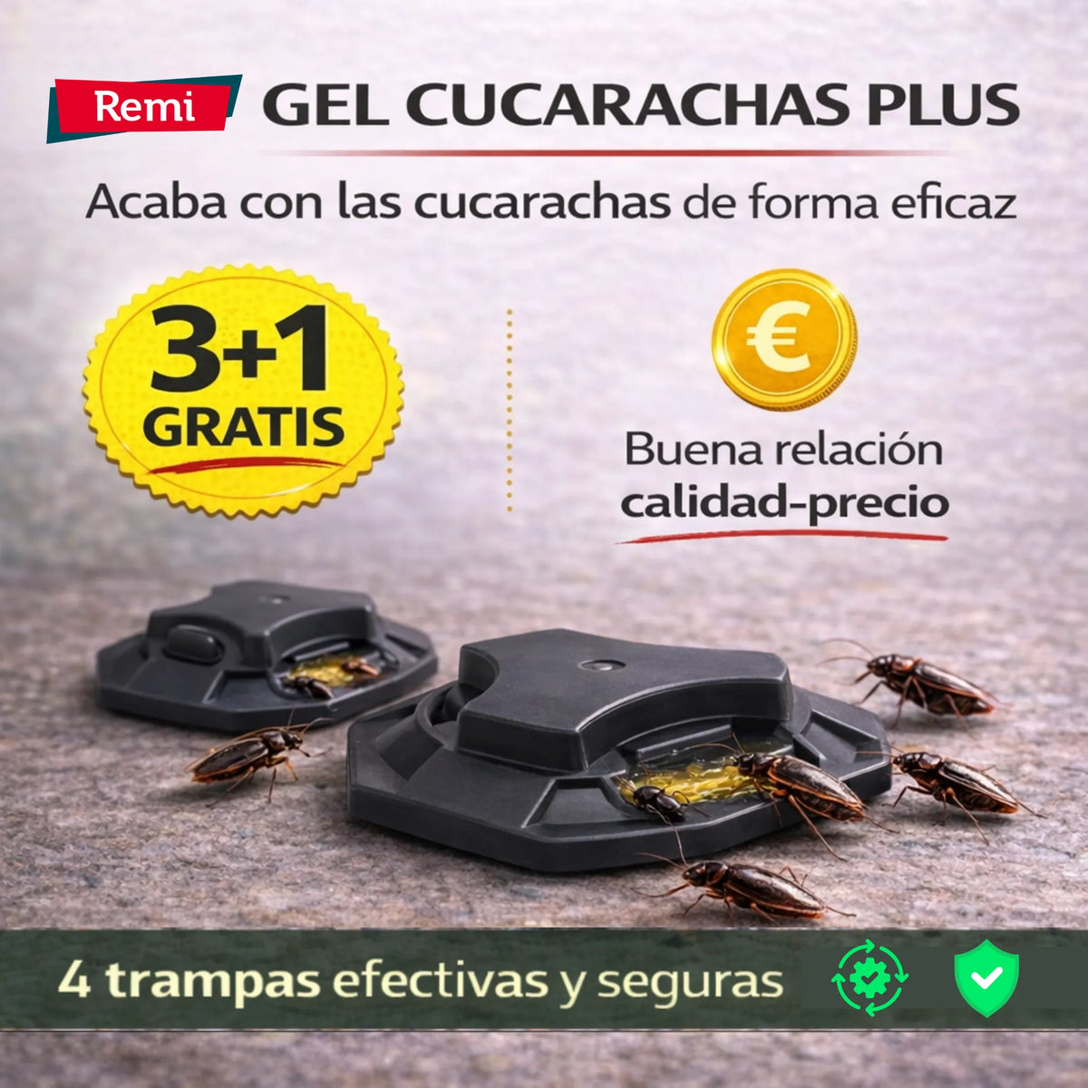 Trampas con cebo en gel para eliminar cucarachas en interiores y exteriores
