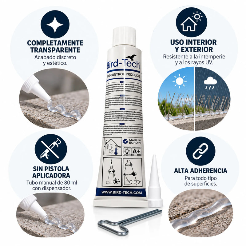 Adhesivo Especial Transparente 80 ml | Pegamento para Pinchos Antipalomas, Clips y Redes | Interior y Exterior