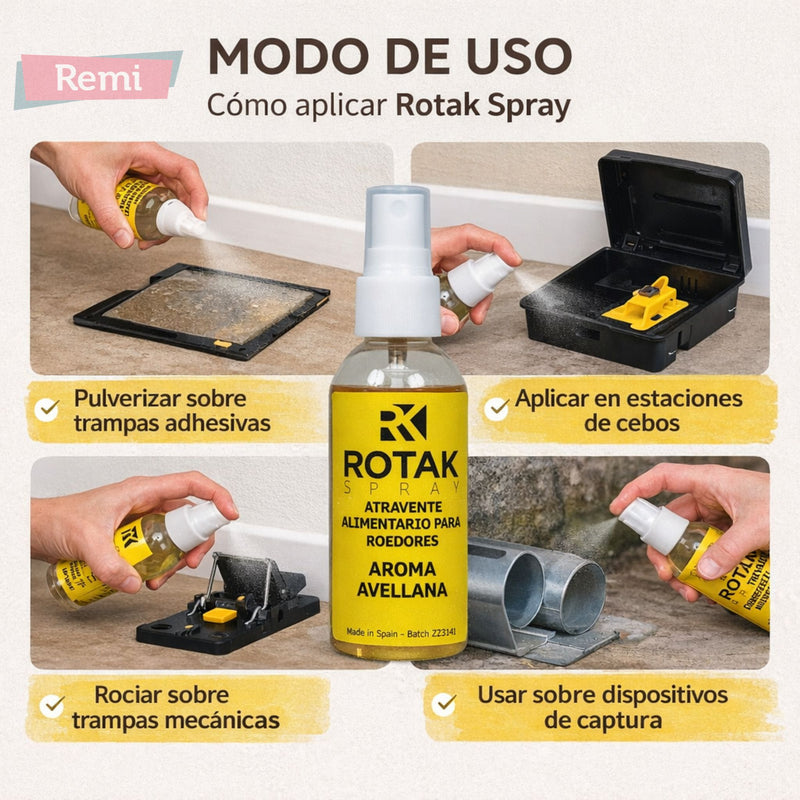 Atrayente alimentario para roedores sin tóxicos - Rotak Spray - Remi Hogar