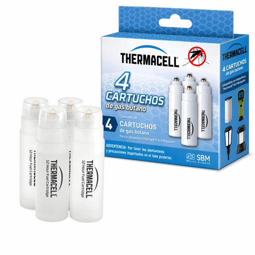 Recambios de gas Thermacell con hasta 12 horas de autonomía por cartucho. Pack de 4 cartuchos compatible con dispositivos Thermacell a gas.