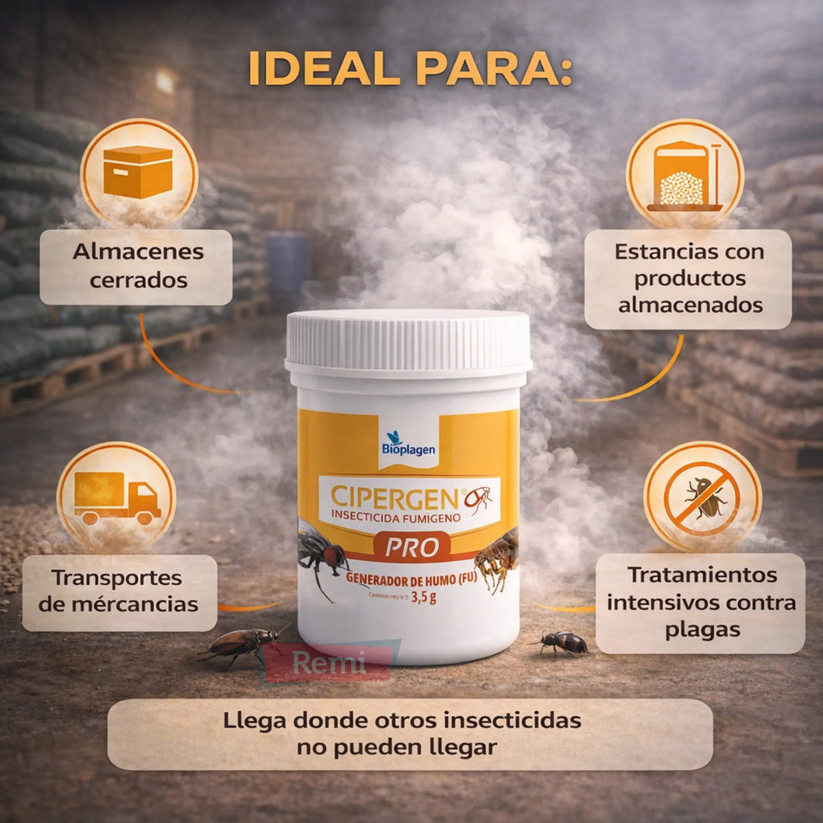 CIPERGEN PRO Fumígeno para moscas, cucarachas, pulgas y plagas del grano en recintos cerrados