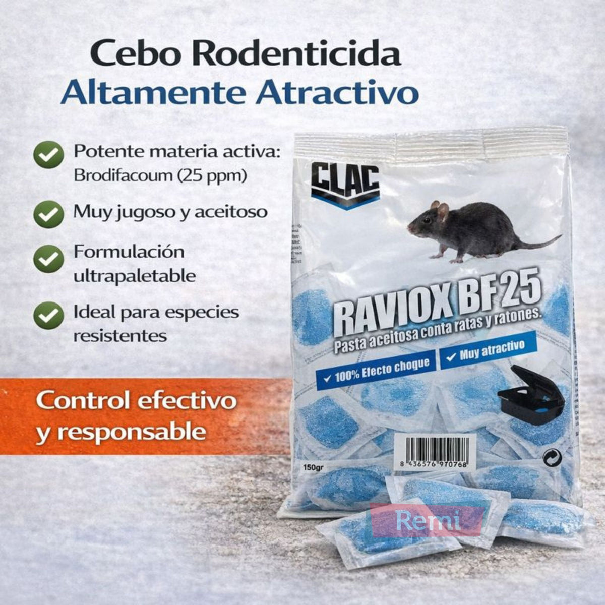 Raticida en pasta con Brodifacoum 25 ratas y ratones - RAVIOX BF 25 - Remi Hogar