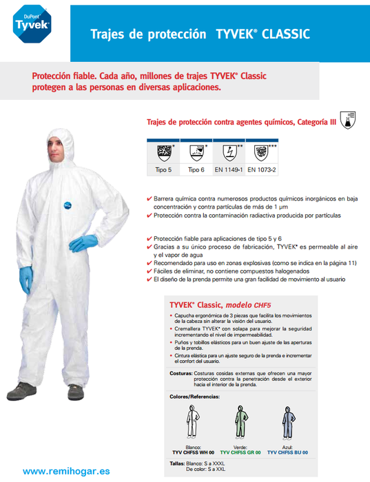 Mono protector Tyvek Classic cat.III tipo 5 y 6 - Tyvek